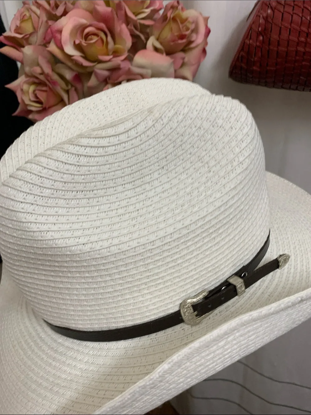 White Straw Cattlemen Cowgirl Hat Adjustable w/Shapable Brim - Picture 8 of 8